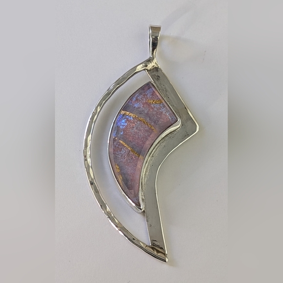Indigo Jewelry - 2.50" Signed Indigo Flameworks Sterling Silver Handmade Dichroic Glass Pendant